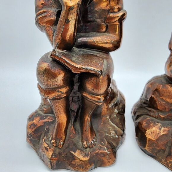 Pair of Antique Bookends Boy Reading Cast Metal Bronze Finish Office Decor MCM - Picture 9 of 15
